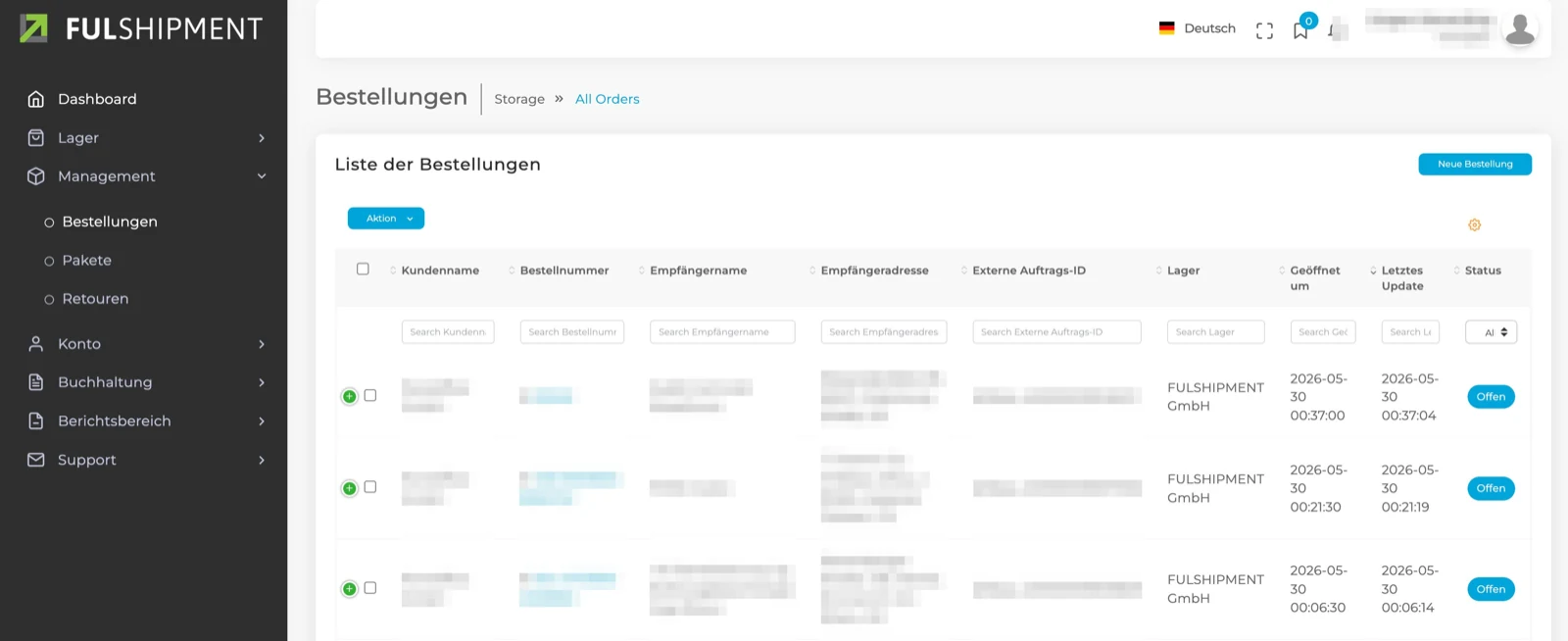 FulApp Bestellübersicht — Liste aller Bestellungen mit Empfänger, Lager und Status