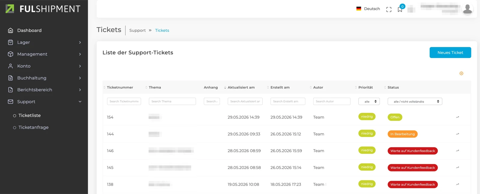 FulApp Support-Tickets — Vorgänge mit Priorität und Status an einem Ort