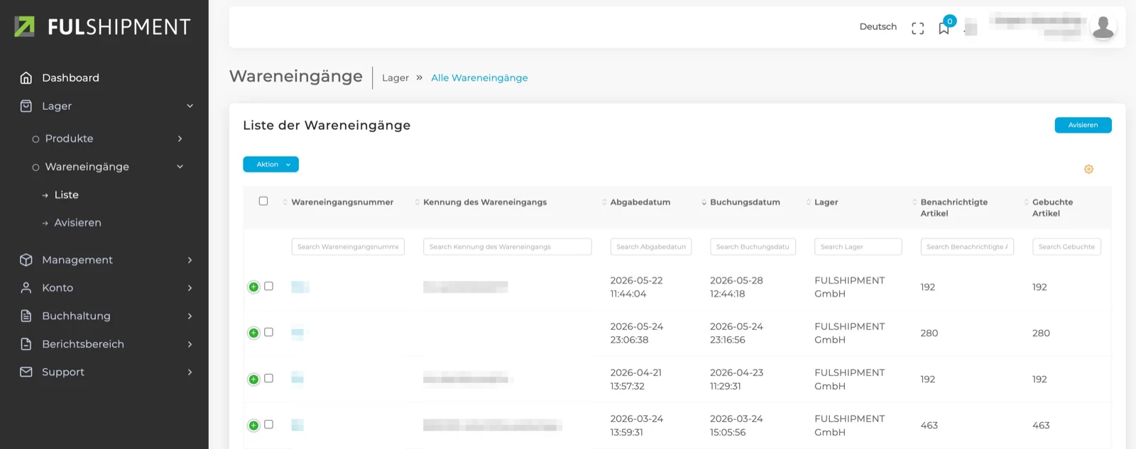 FulApp Wareneingänge — avisierte und gebuchte Wareneingänge mit Mengenabgleich